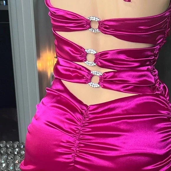 Blondie nites by Stacy skylar dress pink shiny satin silk rhinestone orings y2k - Picture 3 of 5